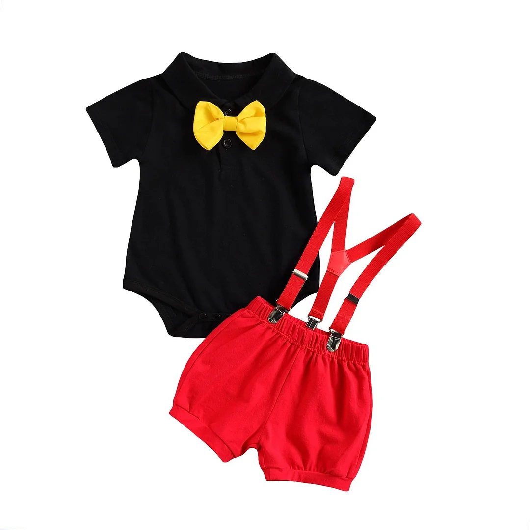 Infant Newborn Boy 2Pcs Gentleman Clothes Set, Short Sleeve Bow Tie Decorations Solid Color Romper with Suspenders Short Pants