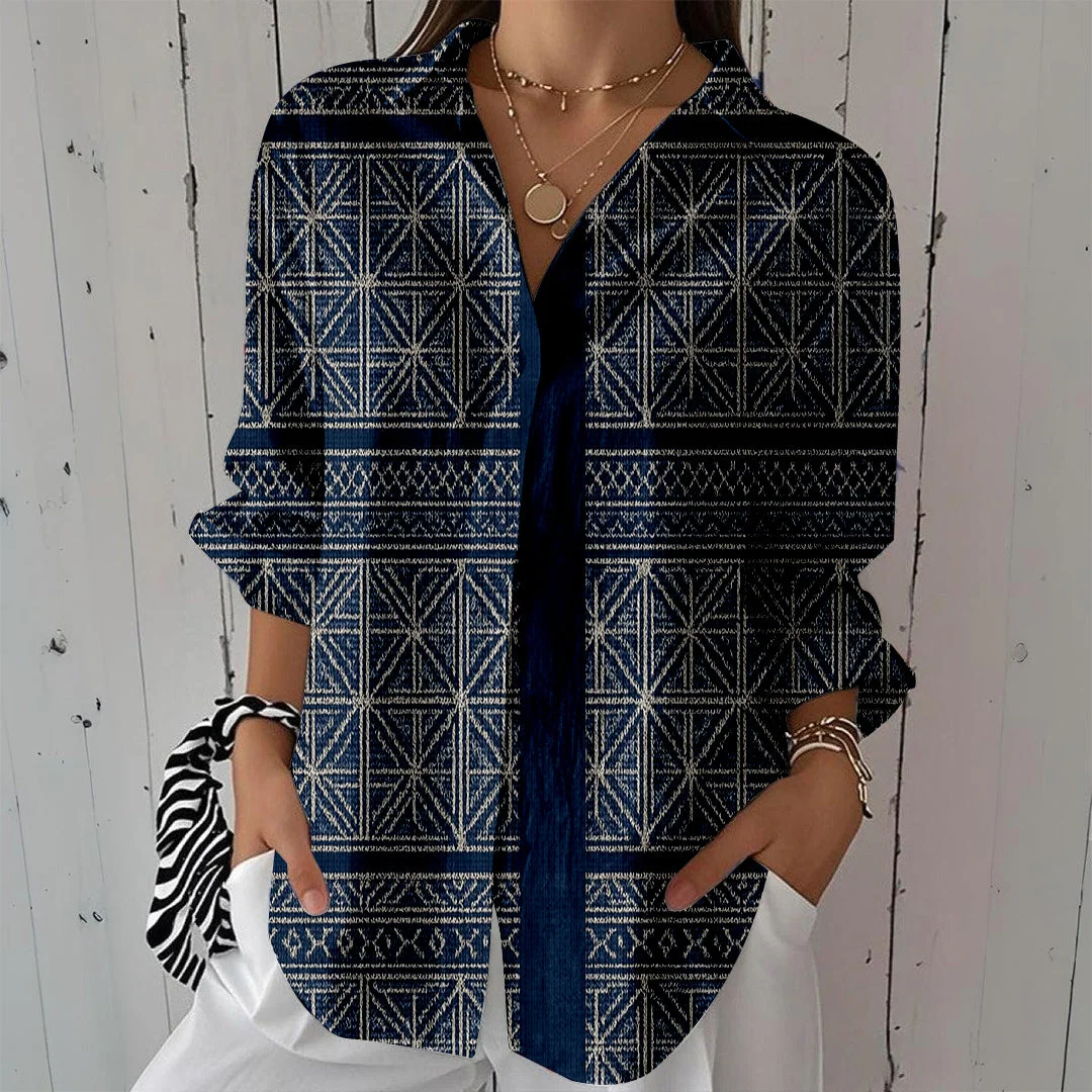 Style & Comfort for Mature Women Women Geometric,  Blue DZCL0425 3/4 Sleeve Shirt Collar Printed Button Tops