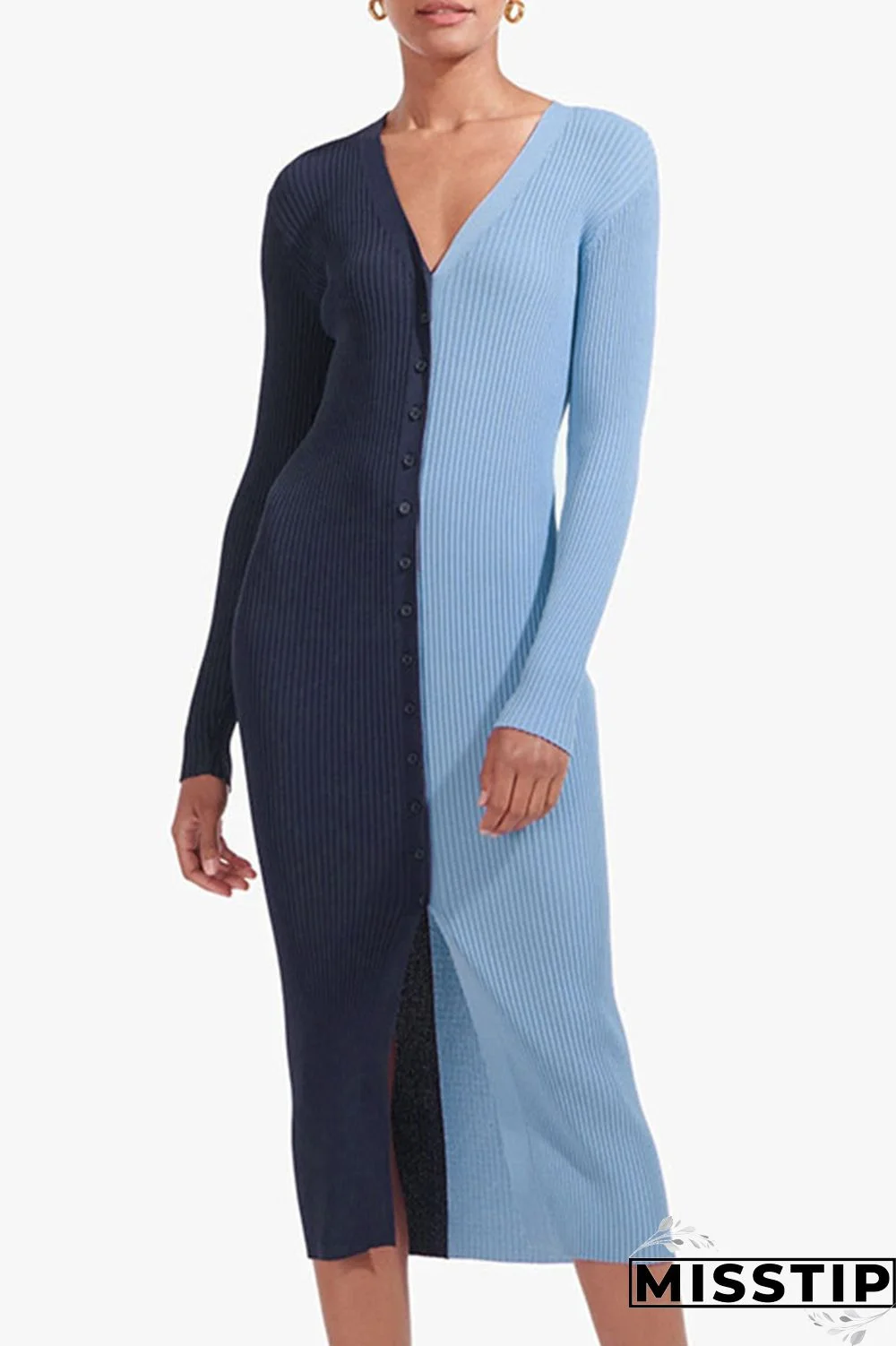 Blue Casual Solid Patchwork Buckle V Neck Straight Dresses