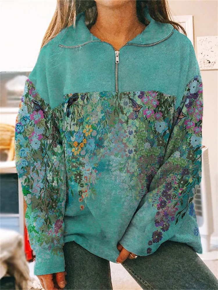 Elegant Floral Art Print Zip Up Comfy Sweatshirt