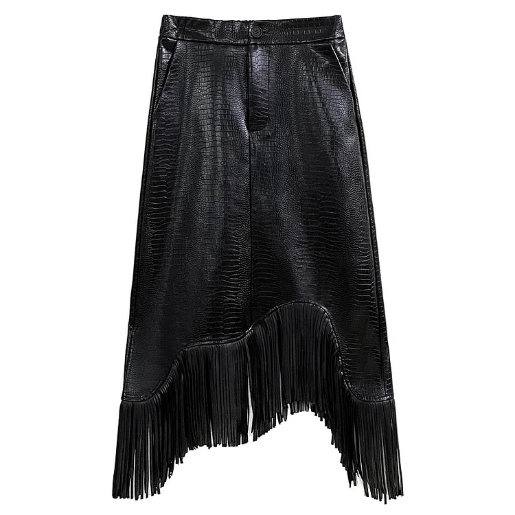 Dark Style Asymmetric Tassel PU Leather Skirt