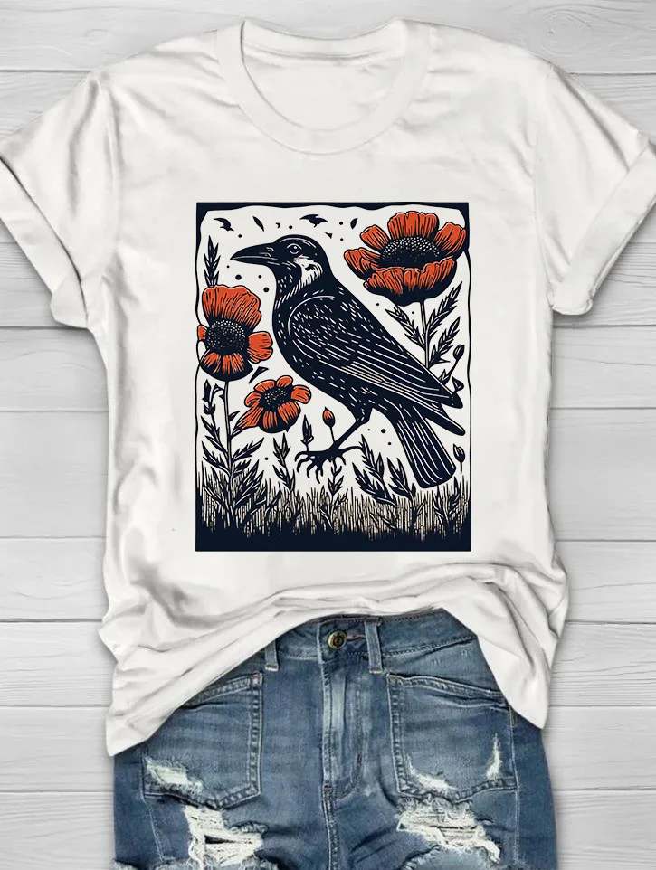 Flowers And Birds Printed Crew Neck Women's T-shirt