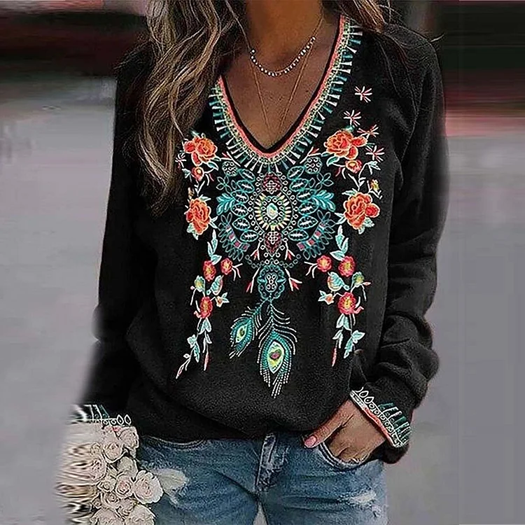 Women's Floral Print Ethnic Style Long Sleeve T-Shirt