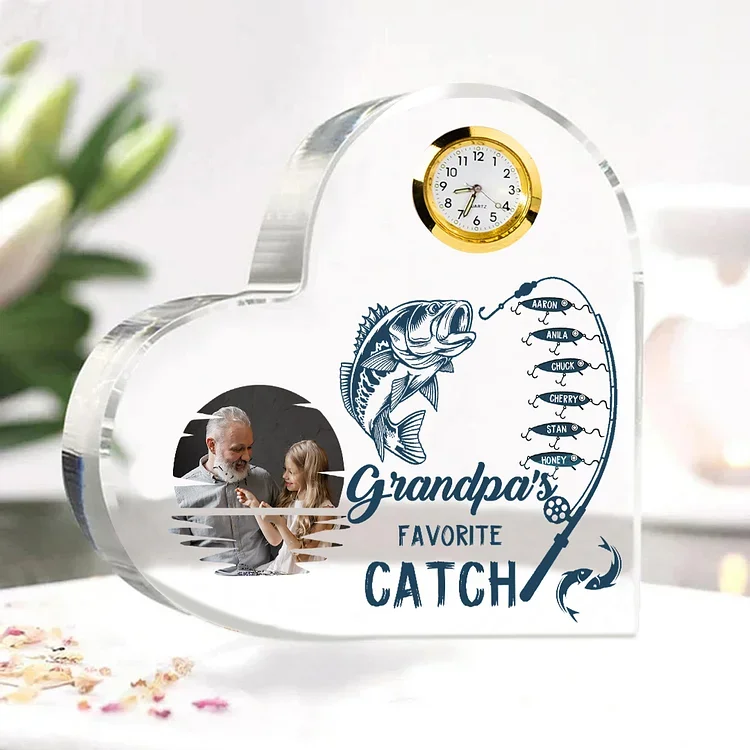 6 Names-Personalized Grandpa Name Acrylic Clock Ornament-Custom Acrylic Fishing Heart Keepsake Desktop for Family