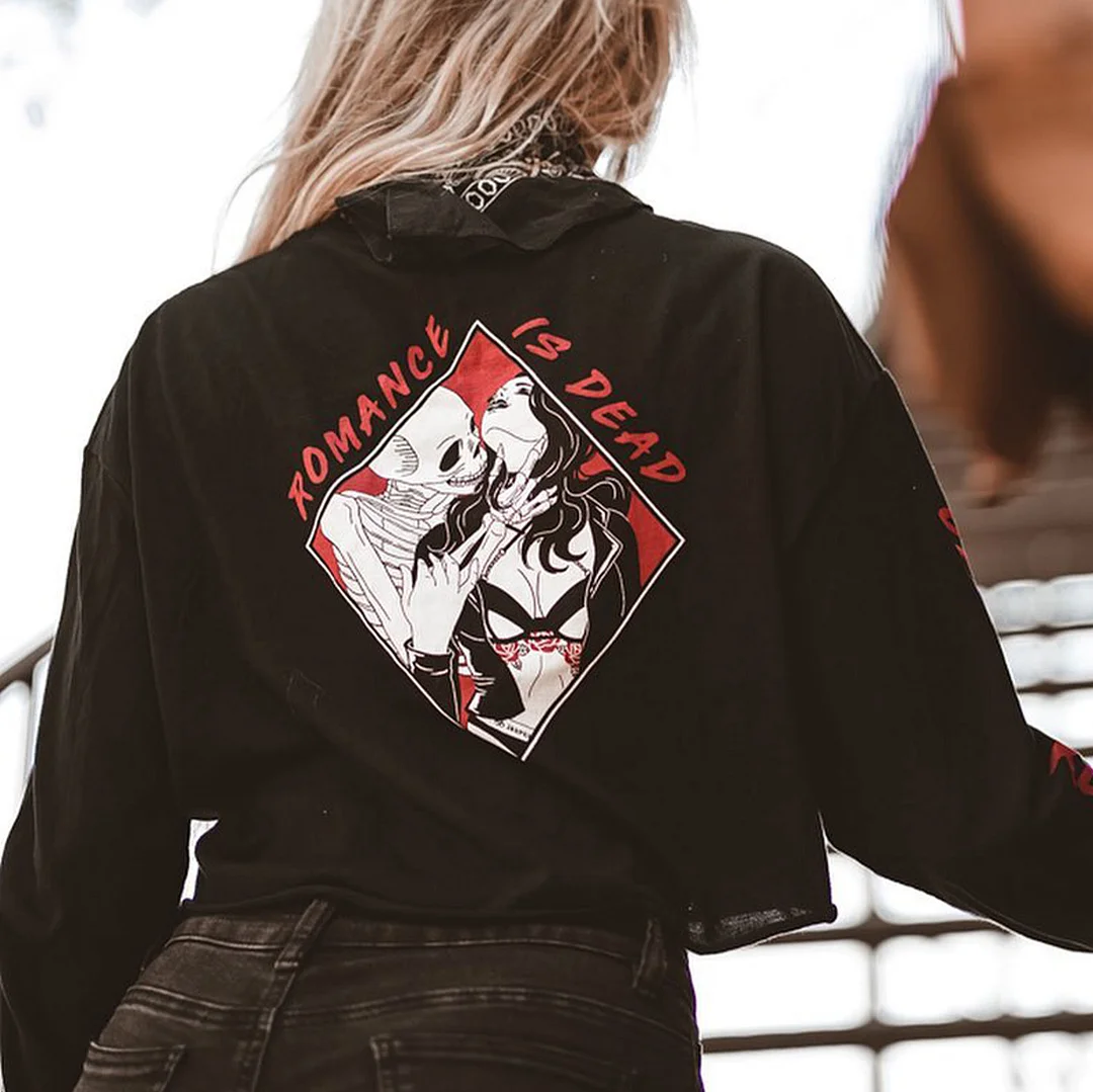 ROMANCE IS DEAD Skull with Sexy Lady Black Print Sweatshirt