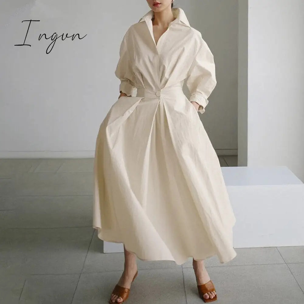 Ingvn - Elegant Women Spring Autumn Sundress Fashion Lapel Neck Long Sleeve Solid Shirt Dress Ol