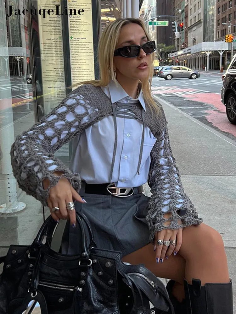 Jacqueline 2022 Y2K Retro Knitted Crop Top Long Sleeve Smock T Shirt Women Sun Protection Breathable Patchwork Hollow Out Tees