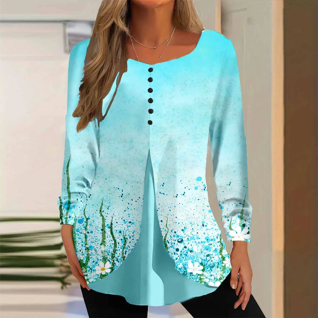 Women Floral,Blue DZGG8361 Long Sleeve Scoop Neck Printed Graphic Button Fake 2in1 Tops