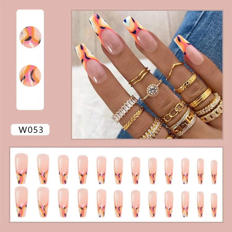 24PCS Dark Punk False Nails with Glue Gradient Long Detachable Fire Dragon  on Nails Skull Flame Art DIY Fashion Manicure Tool-Nail Inspo