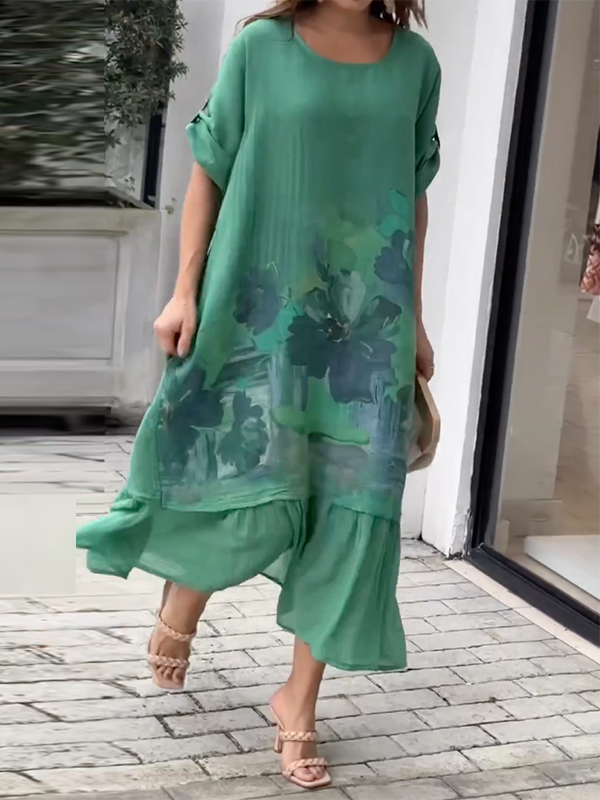 Floral Printed Loose Short Sleeves Round-Neck Maxi Dresses