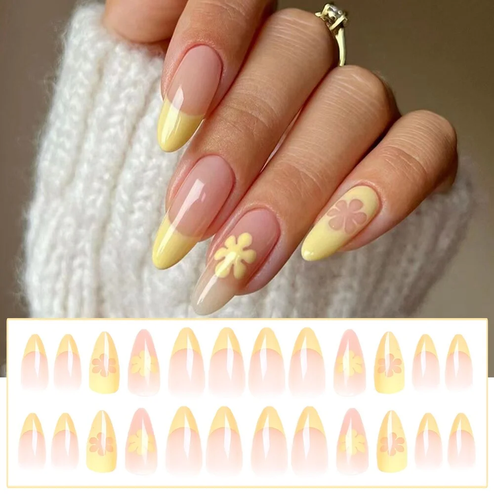 24pcs Point Head False Nails Tips Press On Nail with Heart Print Design Girl DIY Nail Patch Removable French Style Fake Nails-Nail Inspo