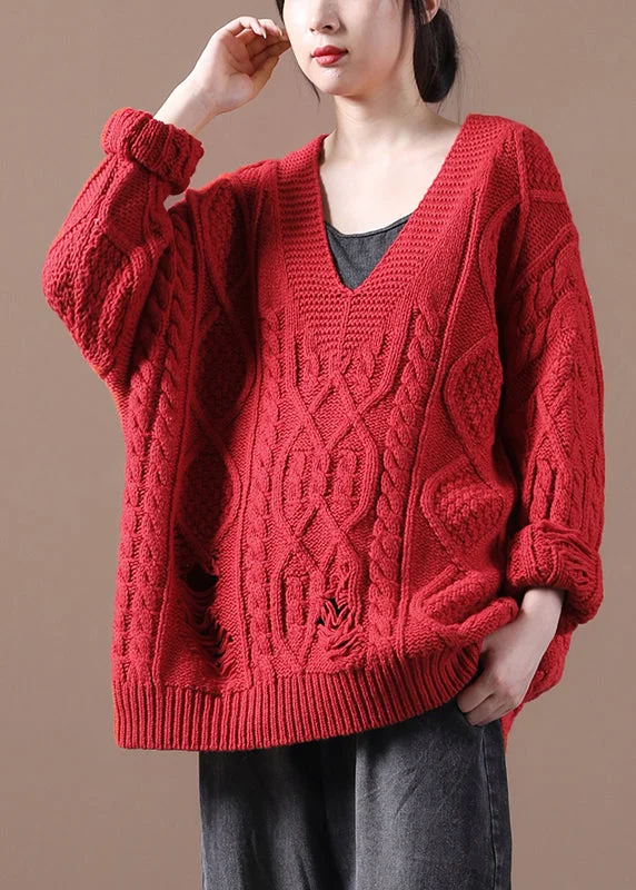 Red V Neck Oversized Cotton Knit Sweaters Fall