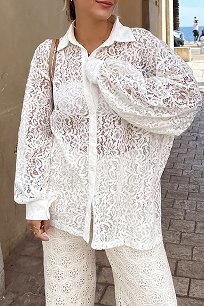 Sexy Solid Lace Hollowed Out Turndown Collar Tops | 168DEAL