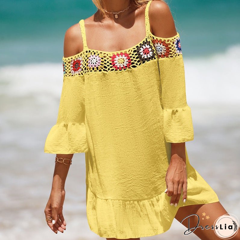 Holiday Suspenders Sun-protective Clothing Crocheted Lace Shoulder Dress Casual Short Solid Color Sunscreen Beach Skirt