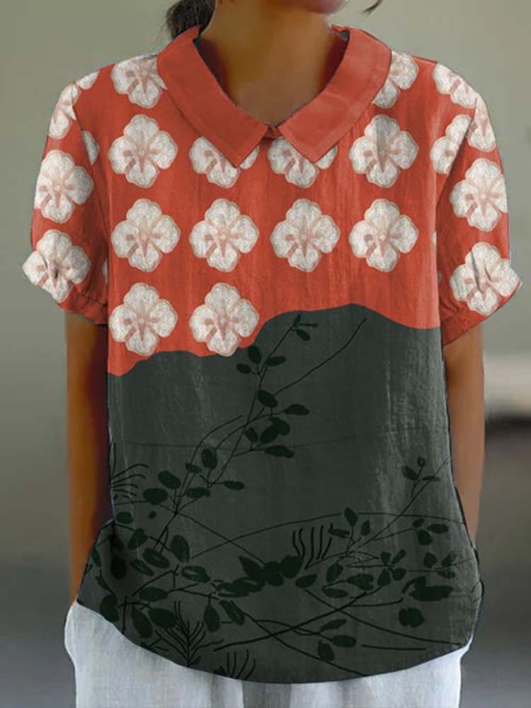 Comstylish Japanese Art Flower Print Lapel Casual Blouse