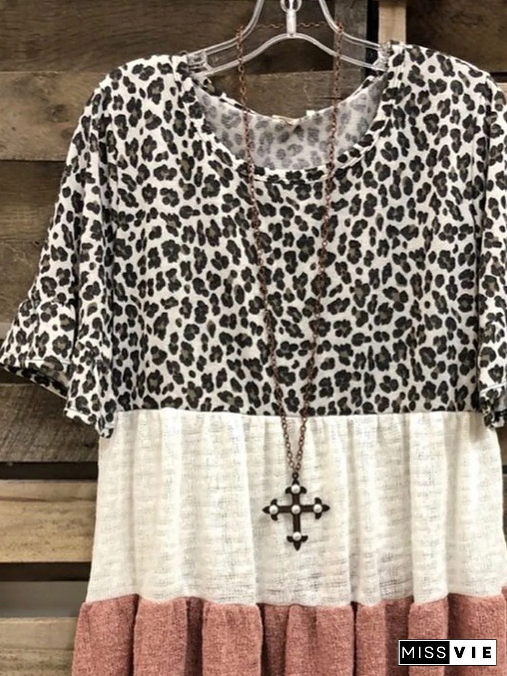 Leopard Short Sleeve Printed Cotton-blend Crew Neck Casual Summer Brown Top