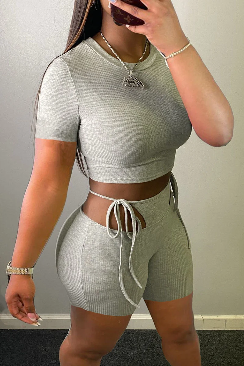 Grey Casual Solid Hollowed Out Patchwork Frenulum O Neck Short Sleeve Two Pieces | EGEMISS