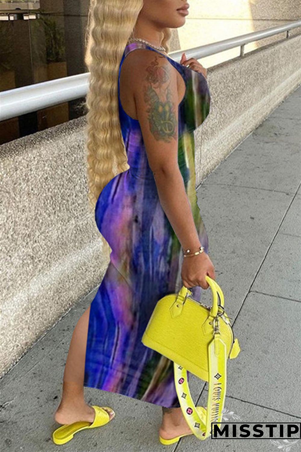 Deep Blue Fashion Sexy Print Tie Dye Slit U Neck Vest Dress
