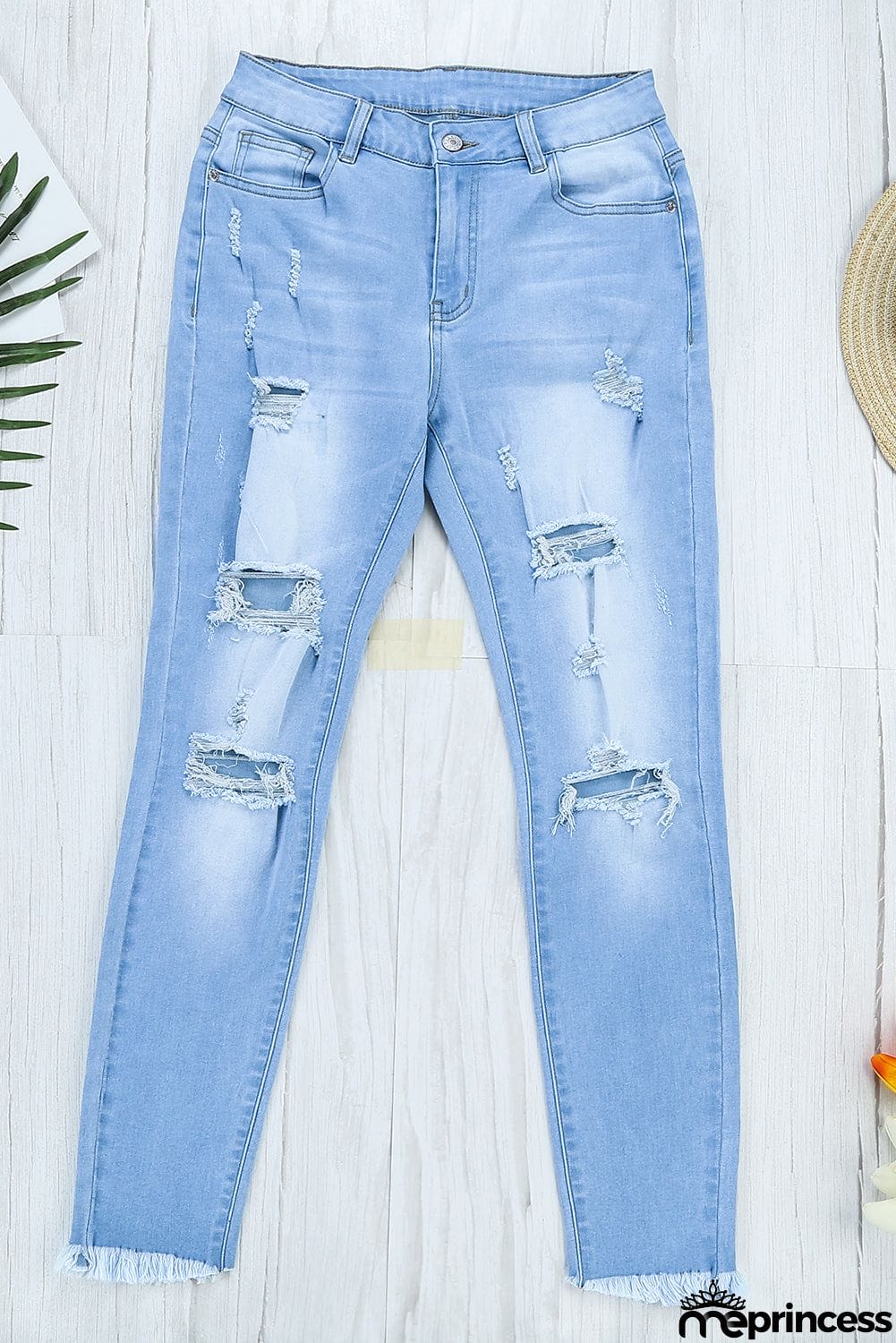 Fashion Light Blue Washed Ripped Holes Jeans