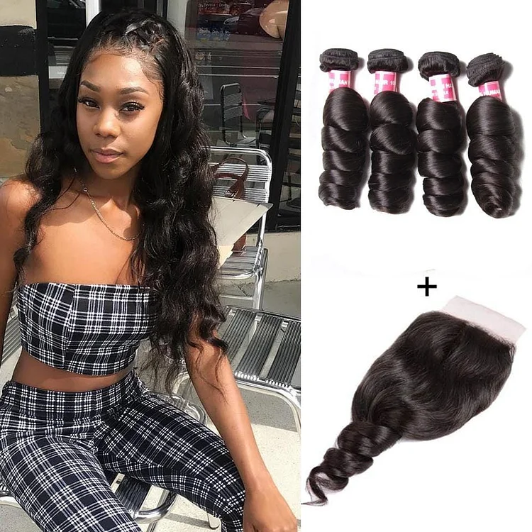 8A Grade Malaysian Loose Wave 4 Bundles with 4*4 Lace Closure- Hair