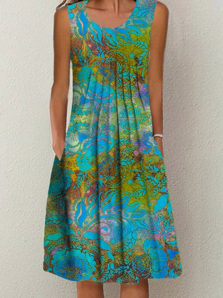 Women's Sleeveless Scoop Neck Graphic Floral Printed Midi Dress