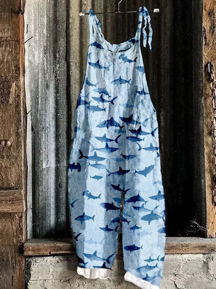Ocean Shark Watercolor Art Print Linen Bib Pants