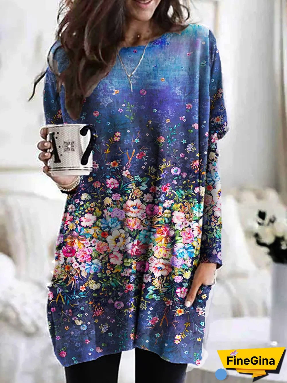 Floral Casual Cotton-Blend Crew Neck Tops