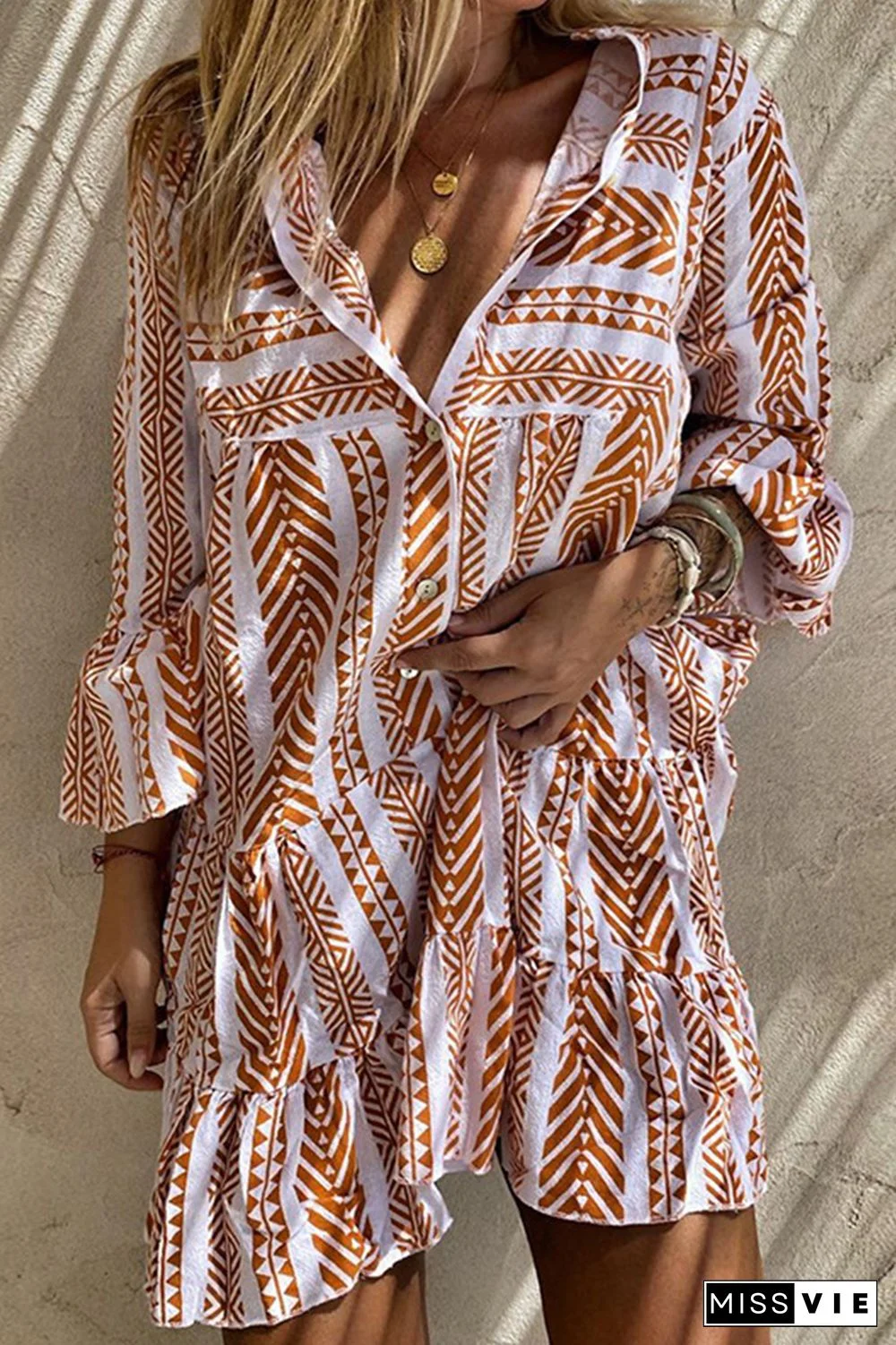 Casual Print Buckle Flounce V Neck A Line Dresses
