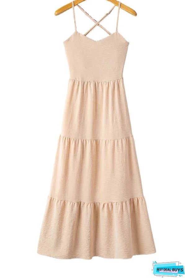 Oatmeal Crossover Backless Bodice Tiered Maxi Dress