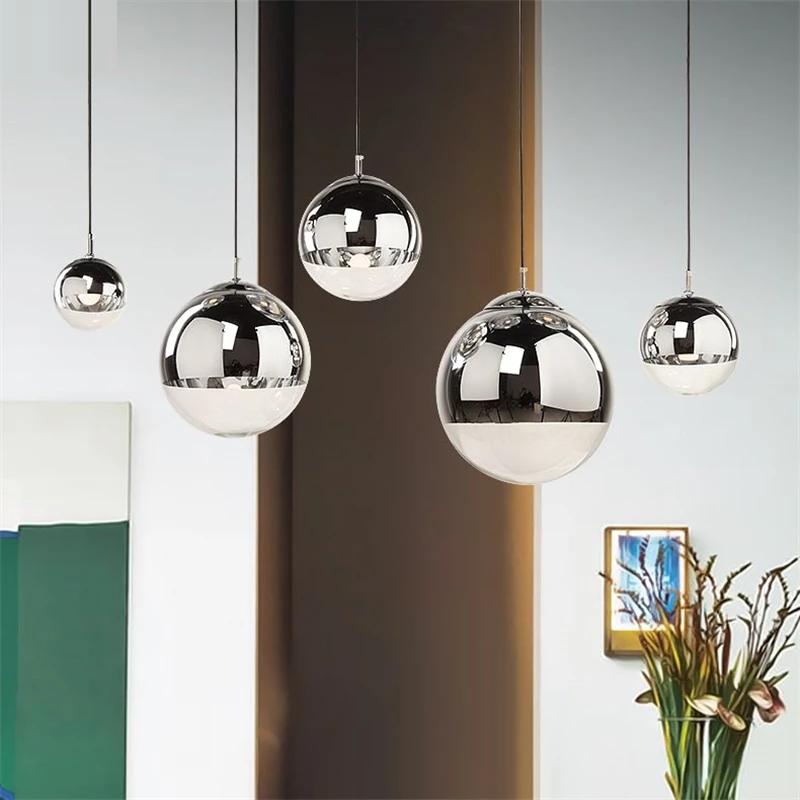 Modern Pendant Lights Silver Mirror Ball Hanglamp Globe Glass Led Lamp Kitchen Living Room Bedroom Home Suspension Luminaire