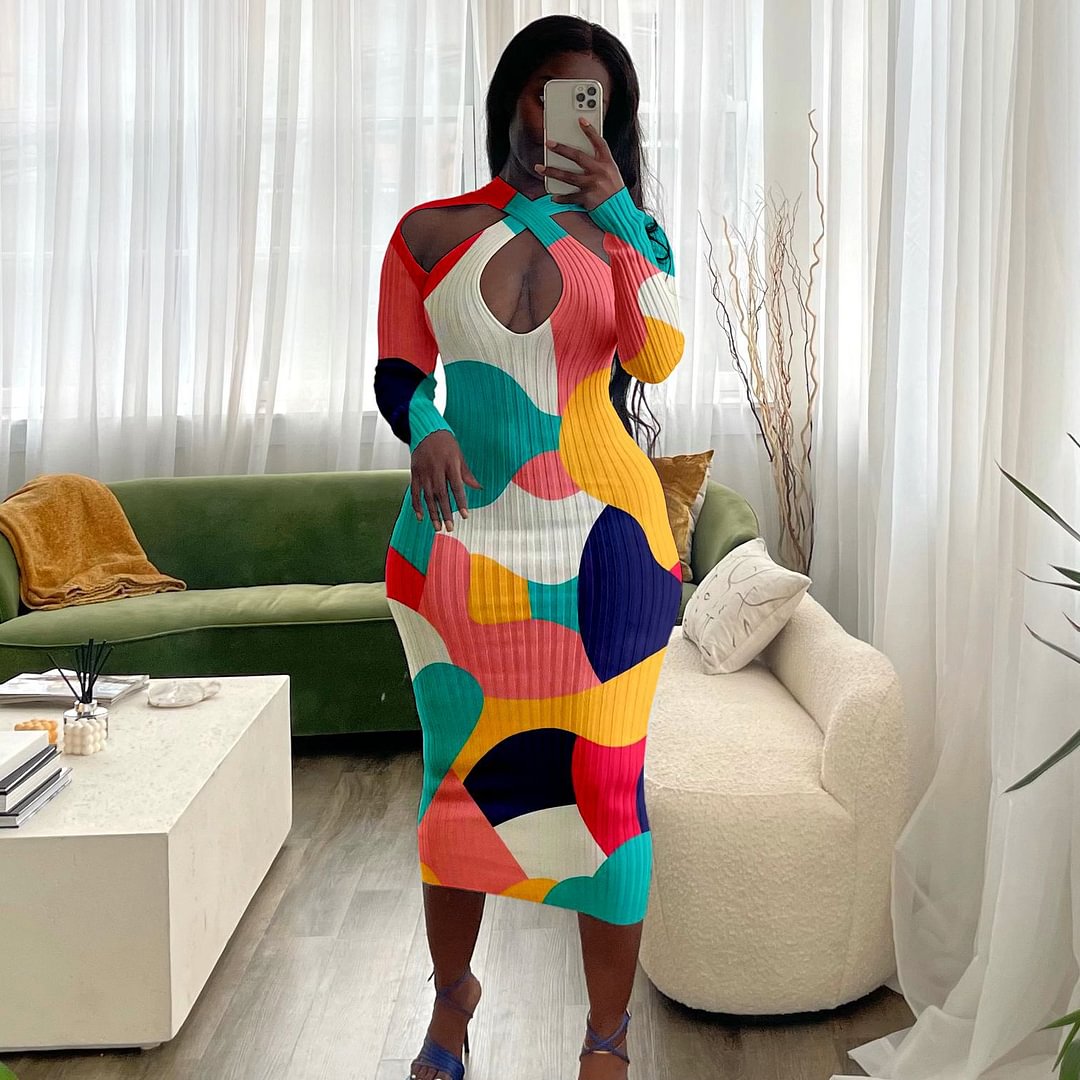 Long Colored Autumn Dress With Long Sleeves Pit Strips | EGEMISS