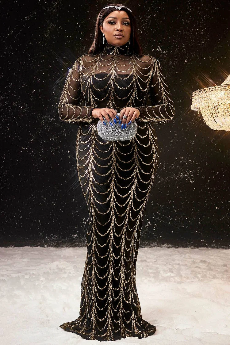 Xpluswear Design Plus Size Formal Dress Gold High Collar Bodycon See-Through Sequin Maxi Dress [Pre-Order]