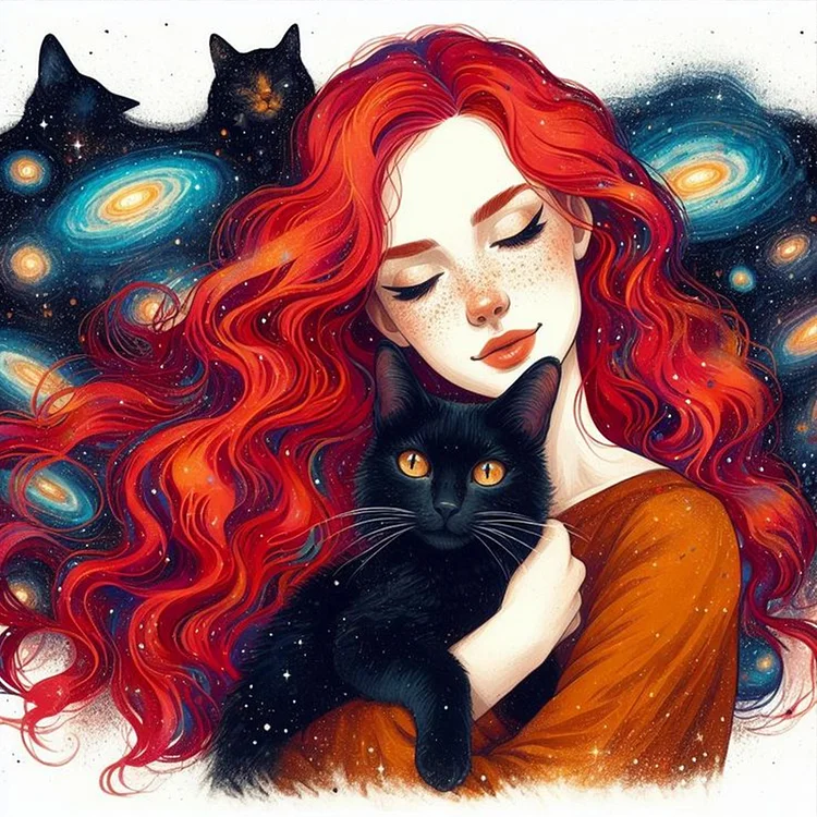 Black Cat And Girl 40*40CM (Canvas) Full Round Drill Diamond Painting gbfke