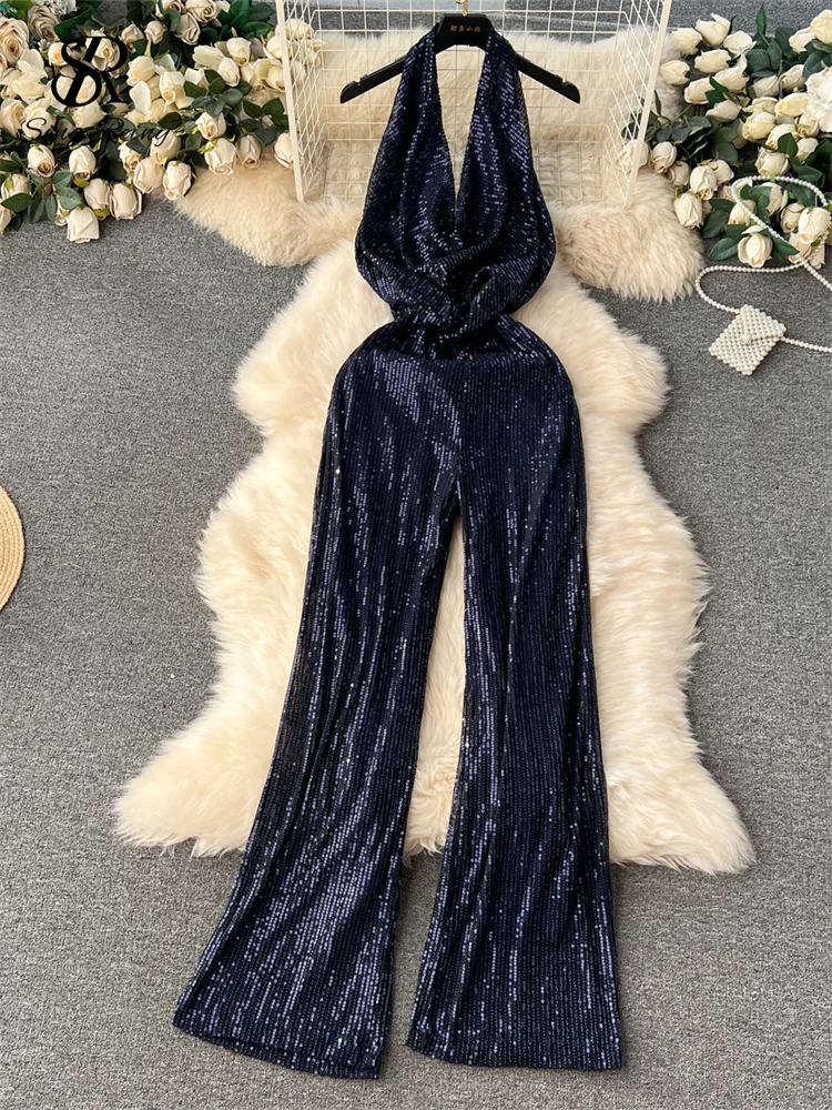 Huibahe American Senior Sequin Jumpsuit Solid Bodycon Long Romper Fashion Halter Neck Swing Collar Backless Sexy Long Rompers