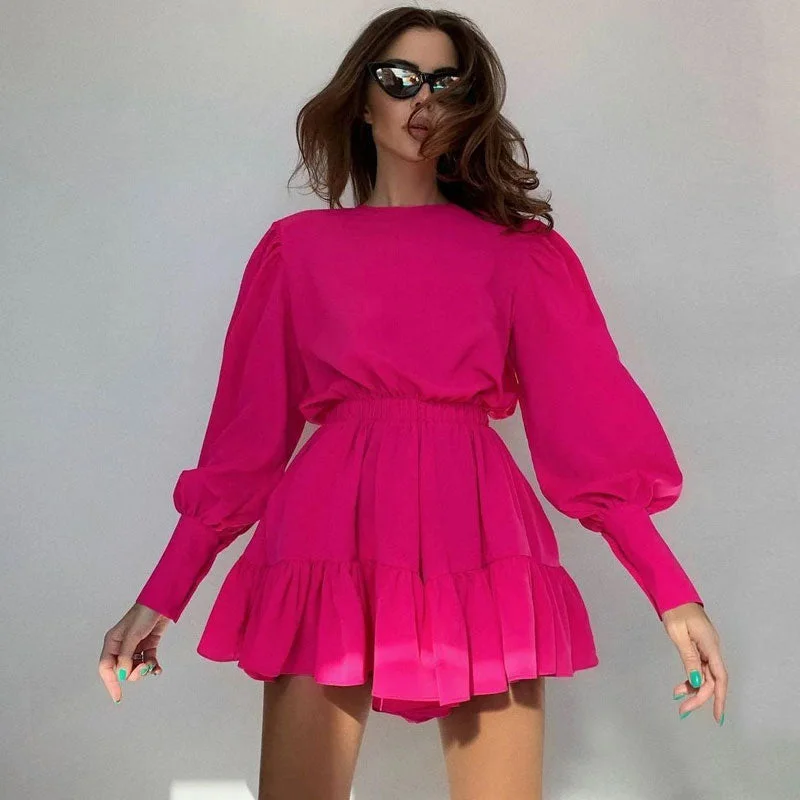 Trendy Puff Sleeve Gathered Waist Ruffle Smock Mini Dress - Hot Pink