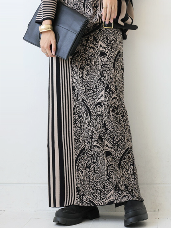 Striped Column Knitting Skirts Bottoms BLACK-XL