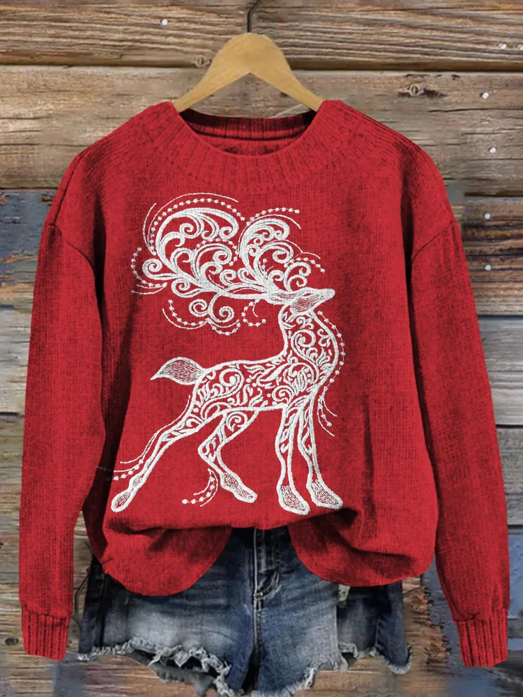 🔥kukelife🔥Christmas Reindeer Embroidery Art Cozy Sweater