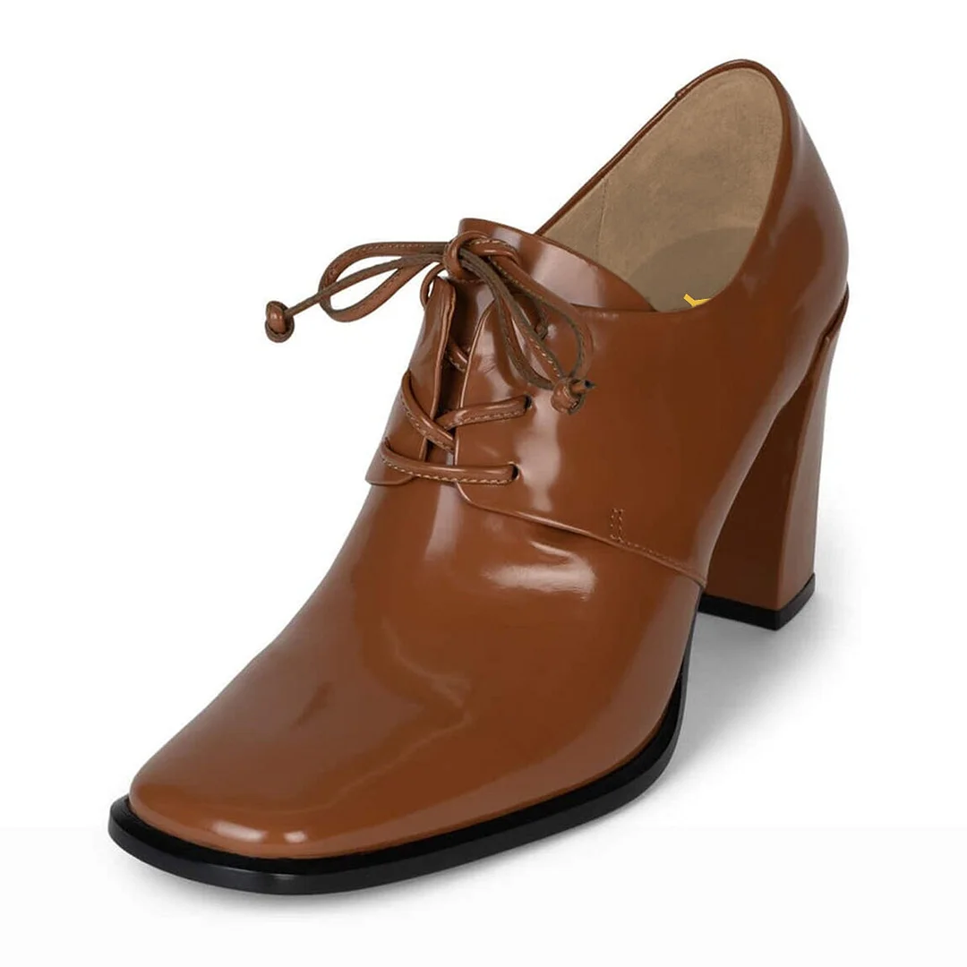 Classic Brown Patent Leather Lace-Up Women's Oxfords with Square Toe