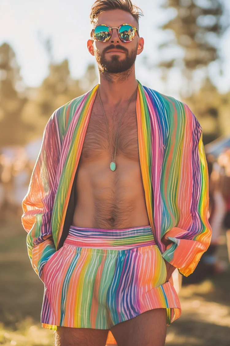 Men's Rainbow Stripe Long Sleeve Kimono Shorts Pride Two Piece Set [Pre-Order]