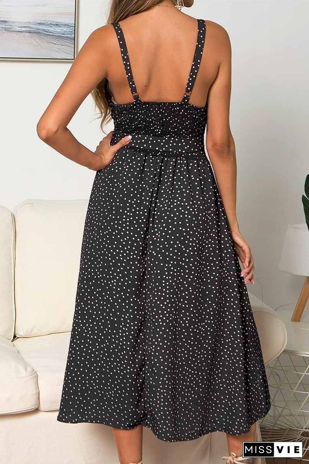 Backless Bandage Dot Design Button Midi Dress