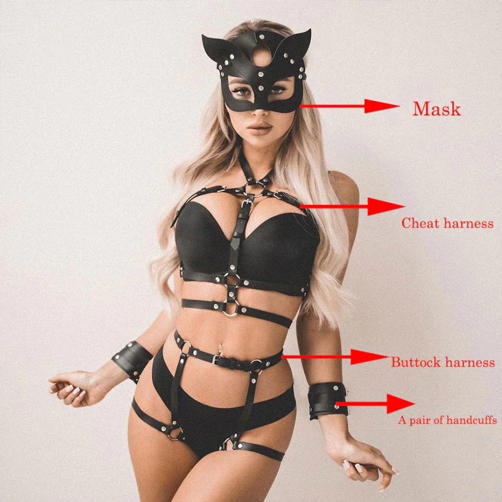 Billionm Fullyoung Sexy Leather Set Harness Woman Sexs Bondage Cage Gothic Suspender Clothes Underwear Body Lingerie PU Belt Strap Mask