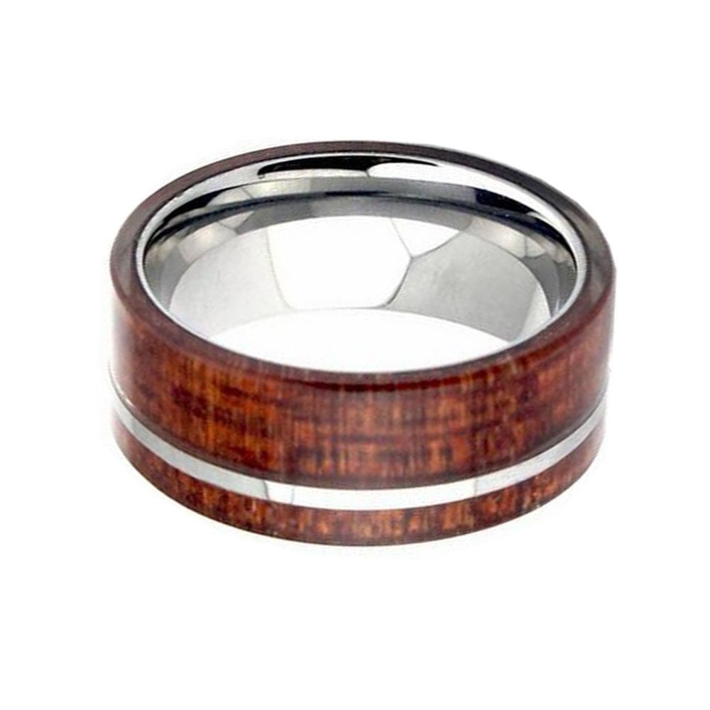 8MM Flat Wood Inlay Surface with Thin Silver Line Tungsten Rings Polished Interior For Men