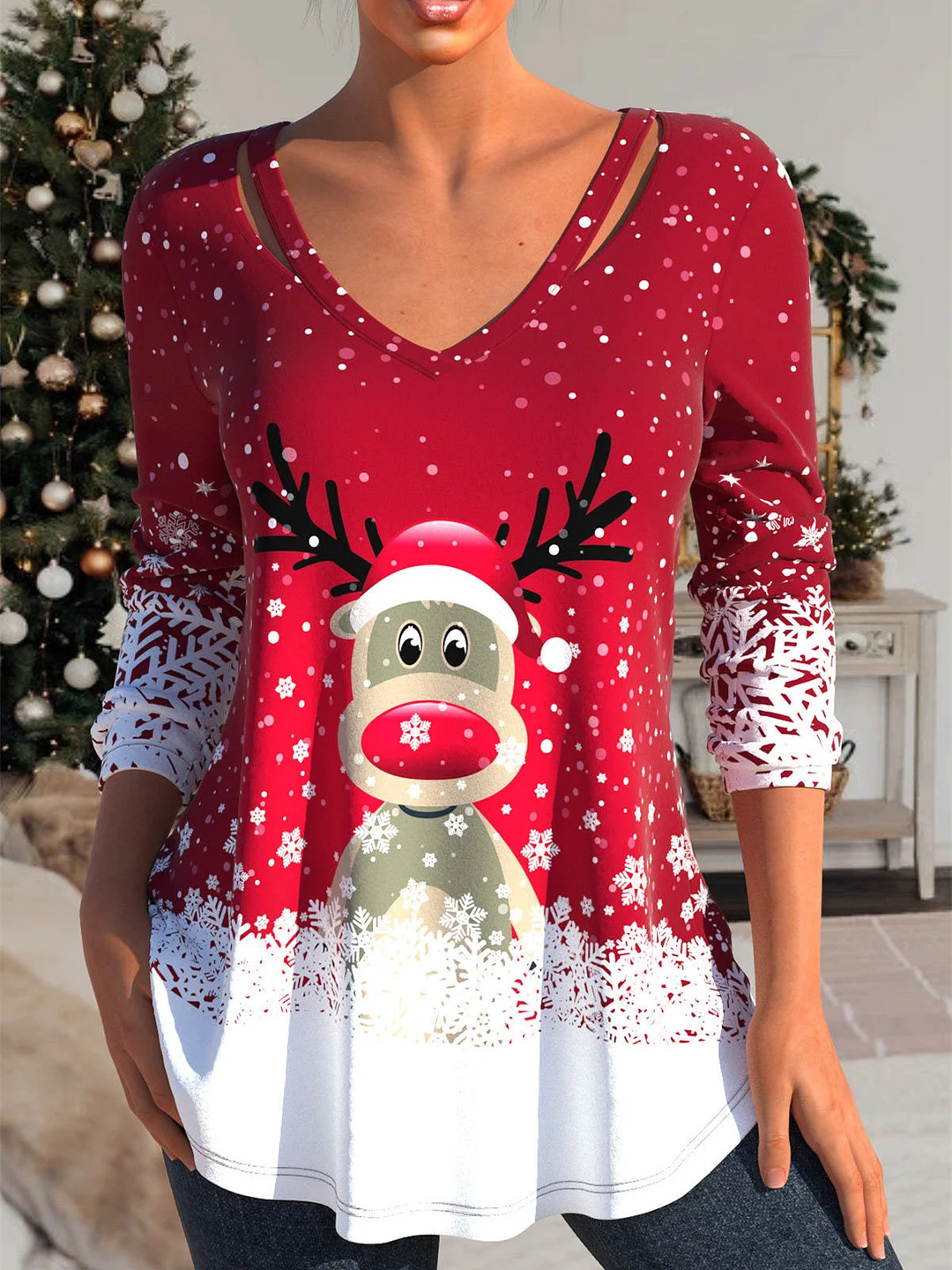 Women's Christmas Graphic Solid Color V-neck Long Sleeve Top