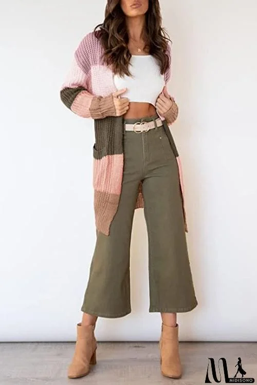 MidiSono - Color Block Pocket Open Cardigan