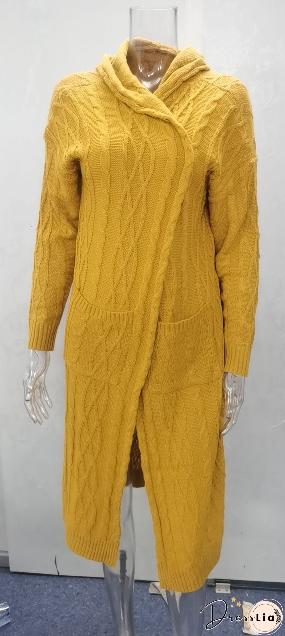 Hooded Solid Knitted Long Cardigan Twist Sweater Coat