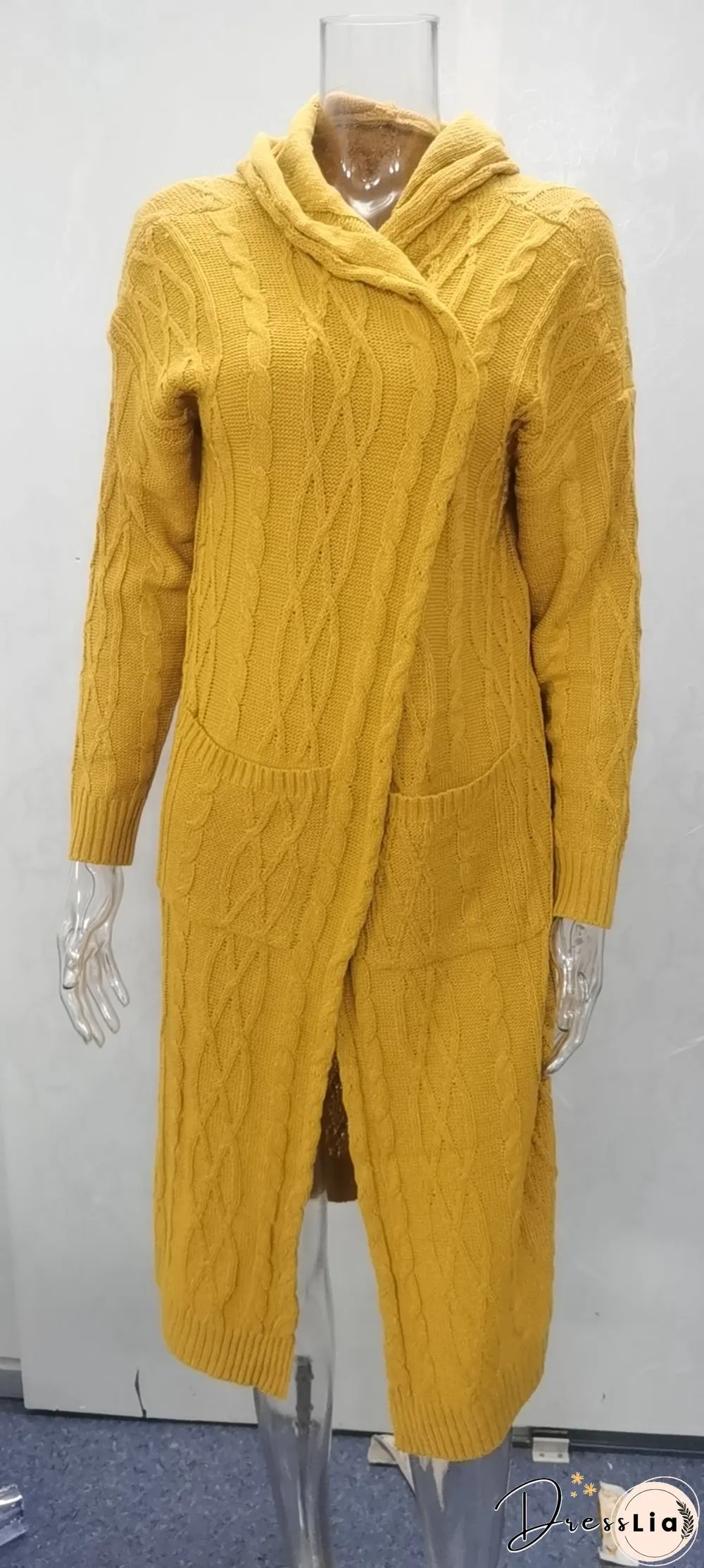Hooded Solid Knitted Long Cardigan Twist Sweater Coat
