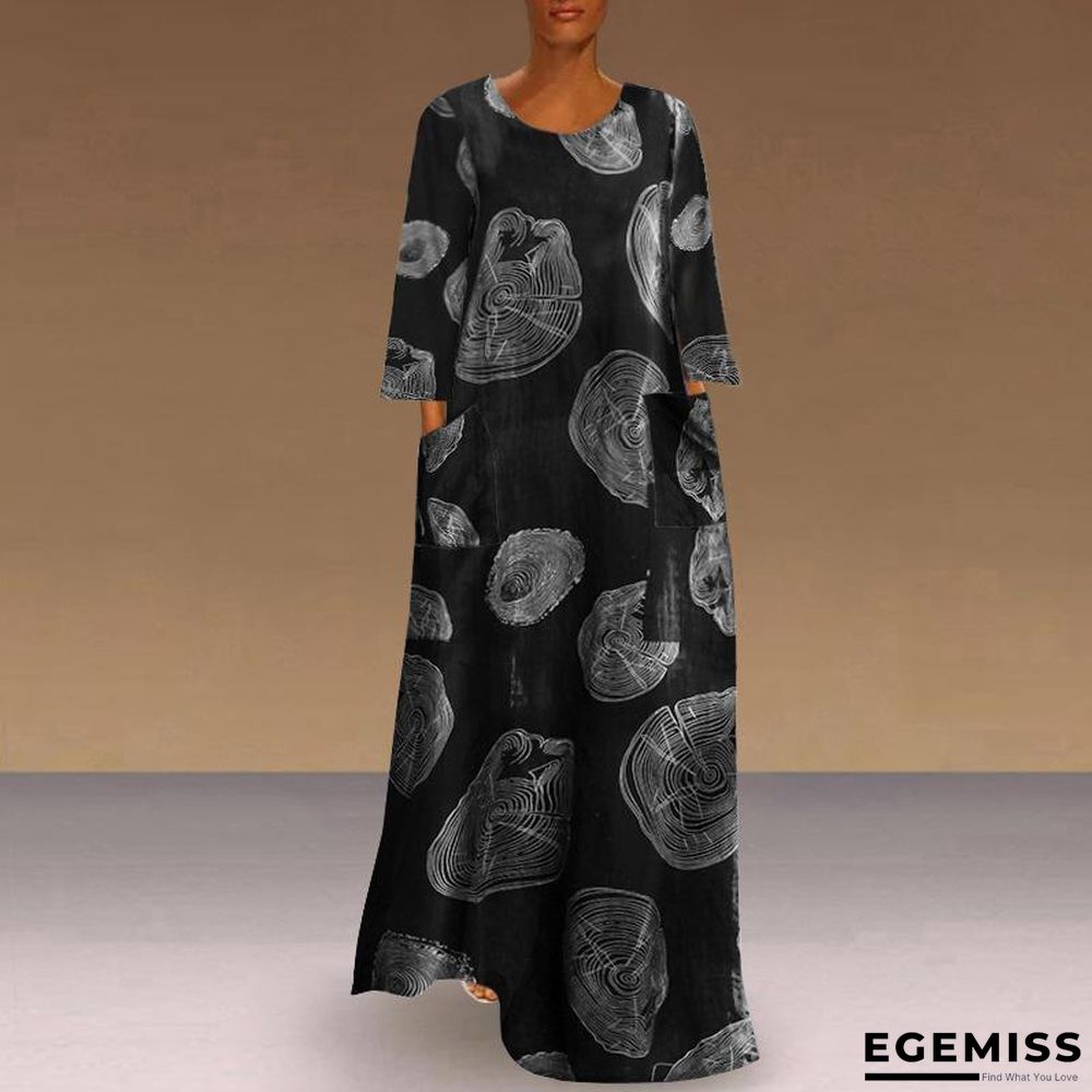 Autumn Women's Print Large Pocket Long Sleeve Casual Retro Dress Black Dresses | EGEMISS