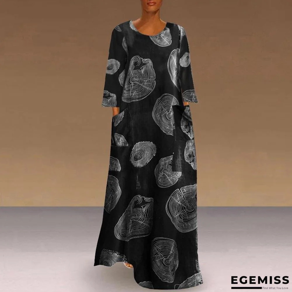 Autumn Women's Print Large Pocket Long Sleeve Casual Retro Dress Black Dresses | EGEMISS