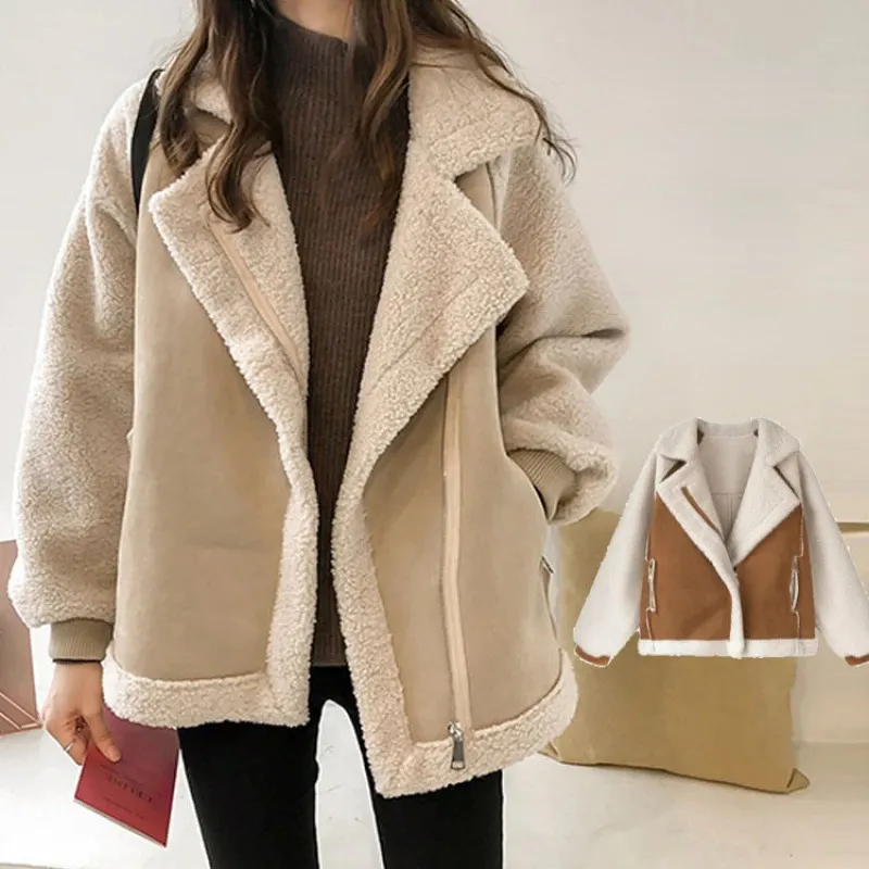 Damen Mantel – Zweifarbig, Faux Shearling Futter, Wildleder-Optik, weiter Reverskragen-50497-81840c9e-7d9e-4d2a-9390-739ba8acf44d