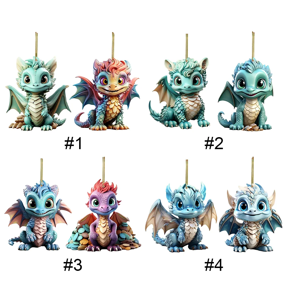 2 PCS Acrylic Flying Dragon Baby 2D Flat Dinosaur Xmas Tree Hangings Ornament